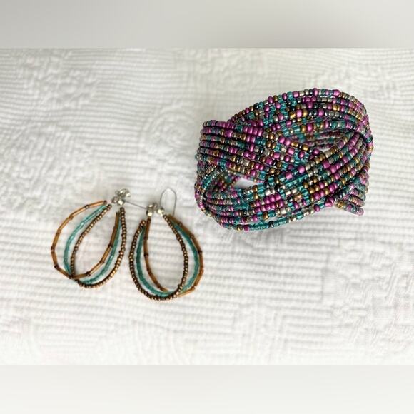 Boho woven multicolored beaded bracelet cuff and earring set - Picture 2 of 8